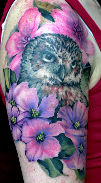Tattoos - Owl & Flowers - 108963